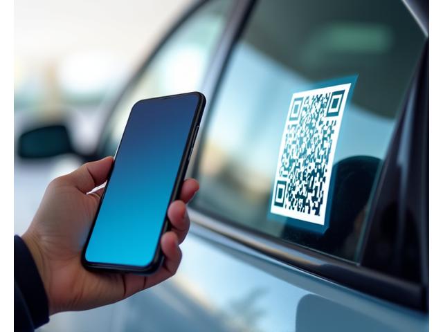 QR 코드를 스캔하여 차량을 인증하는 모습. 비대면 세차의 안전성과 편리함을 상징.