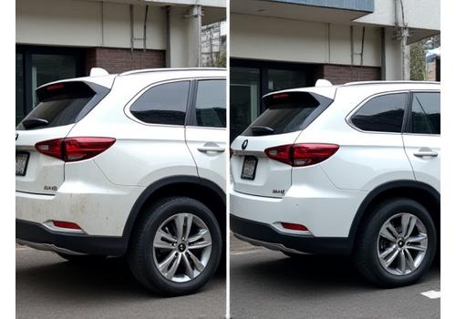 세차 전 먼지와 흙으로 더러워진 흰색 SUV와 세차 후 깨끗하고 광택이 나는 동일 SUV 비교