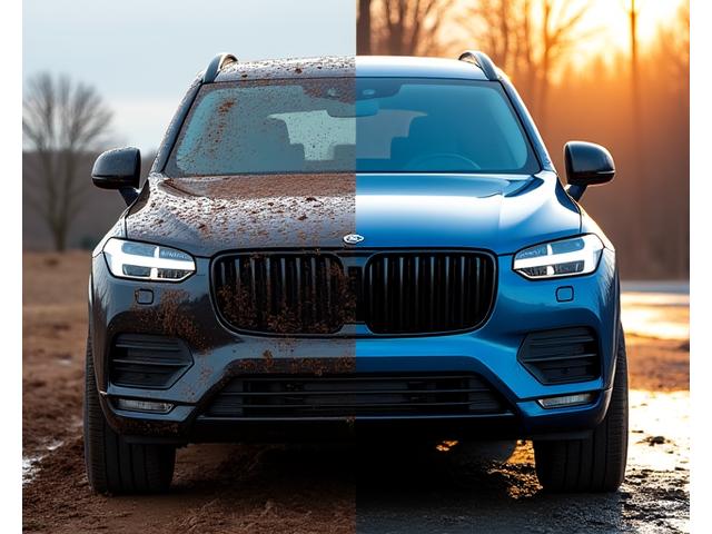 세차 전 흙투성이 SUV와 세차 후 광택 나는 SUV 비교